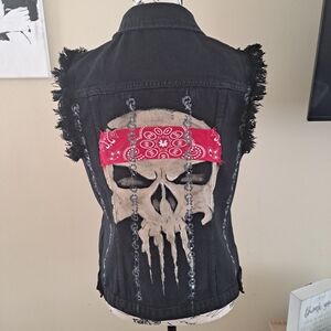Black Denim VEST Hand MADE.  With Skull and Red Bandana Design, One Of A Kind!!!